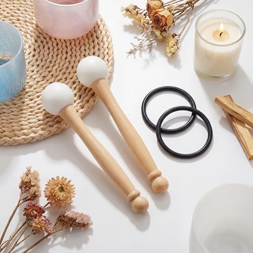 Nuanchu 4 Pcs Crystal Singing Bowl Mallet Bowl Striker and O Ring Set, Include 2 Rubber Head Wood Handle Mallet with 2 Rubber O Rings for Playing Crystal Singing Tool Buddhist Meditation Yoga
