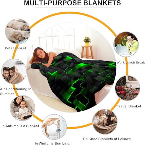 Lightweight Fleece Blanket,Super Soft Cozy Fluffy Plush Geometric Green Black Abstract Ombre Print Throw Blanket for Couch, Sofa, Bed 47"x59" - color: Geometric Green Black