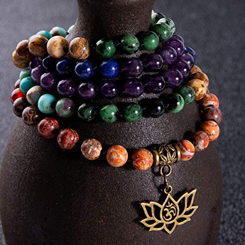 Bivei 7 Chakra 108 Mala Beads Bracelet Real Gemstone Yoga Meditation Hand Knotted Mala Prayer Bead Necklace - size: 6mm, style: # Lotus OM - 7 Chakras
