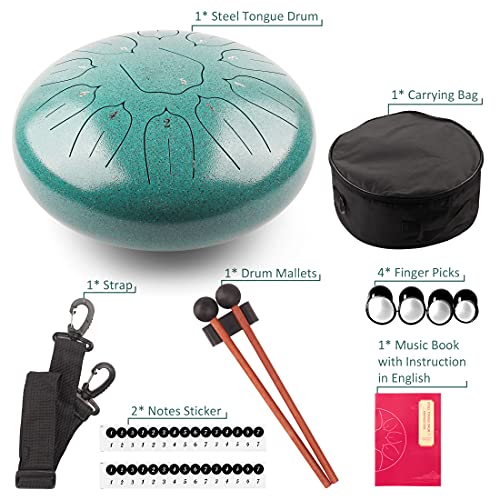 Steel Tongue Drum 12 Inch 11 Notes for Adults - Ethereal Metal Instrument for Meditation & Yoga with Music Book, Mallets & Carry Bag (Malachite) - color: Malachite