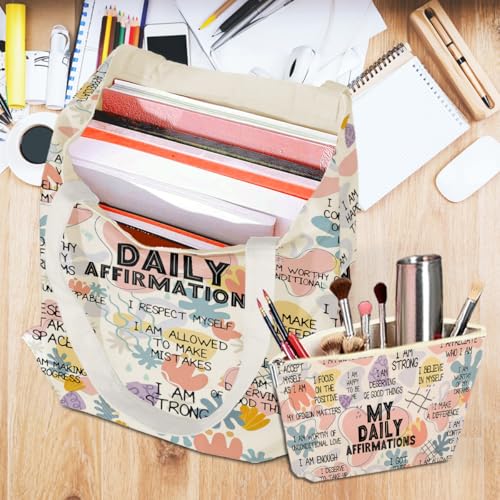 Positive Affirmations for Women, 2PCS Cosmetic Bag Canvas Tote Bag Beach Bags with Pocket Makeup Bags, Encouragement Inspirational Mental Health Gifts for Female Sister Friend Birthday Christmas - color: My Affirmations 0940