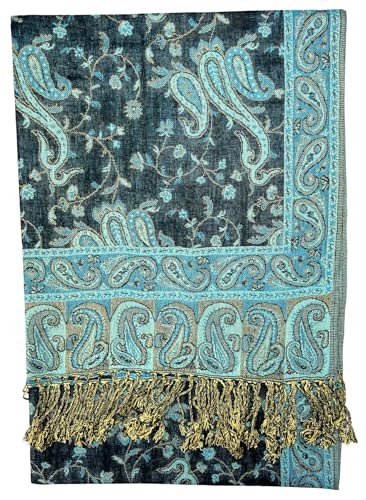 Plum Feathers Tapestry Ethnic Paisley Pattern Pashmina Shawl Scarf, Womens Pashmina Shawl Wrap with Fringes - color: Black Turquoise Floral Paisley