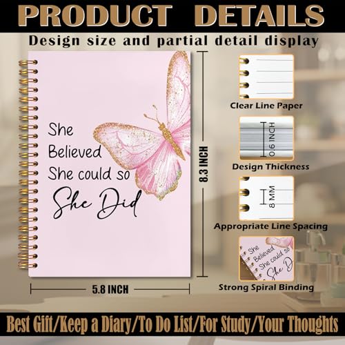 Pink Butterfly Inspirational Spiral Notebook 5.5x8.3, She Believed She Could So She Did Motivational Journal, Inspirational Encouragement Gifts for Women, Pink Office Supplies - color: Notebook-14