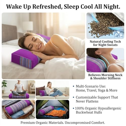 Buckwheat Pillow & Cervical Pillows for Sleeping (21x8x3inch) 100% Organic Coarse Cloth Package w Organic Buckwheat Hulls, Natural Cooling Technology and Relieve Cervical Pain. (Purple) - color: Purple