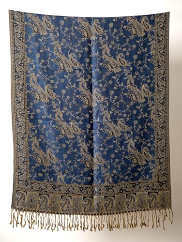 Achillea Reversible Paisley Pashmina Rave Scarf – Exotic Indian Shawls and Wraps for Evening Dresses, Festivals, All Seasons - color: Light Navy