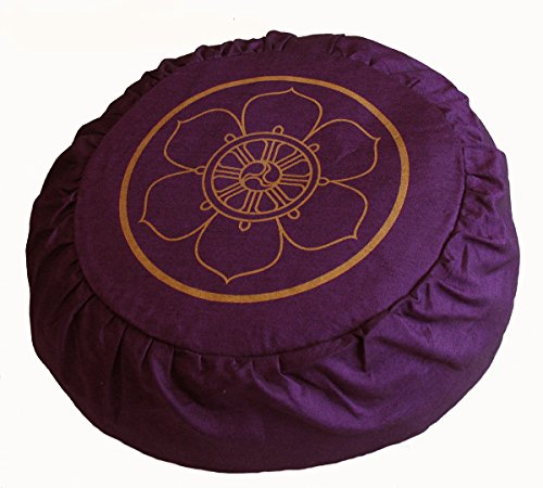 Meditation Cushion Zafu Pillow Silkscreen Symbols - color: Dharma Wheel Purple