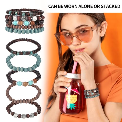 Mikovivi Beaded Bracelets for Women, Multilayer Boho Western Turquoise Bracelets Stackable Bohemian Bead Elastic Jewelry Gifts for Women Men