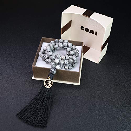 COAI OM Charm Hand Knotted Tassel 108 Mala Beads Necklace - color: Map Jasper, size: 8mm