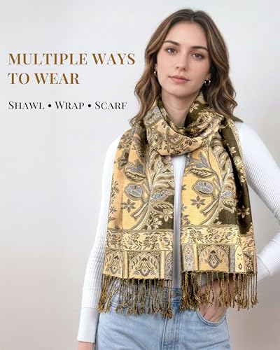 Achillea Elegant Paisley Floral Pashmina Shawl and Wrap β Boho Rave Scarf for Festival, Travel & Everyday Wear - color: Olive Green