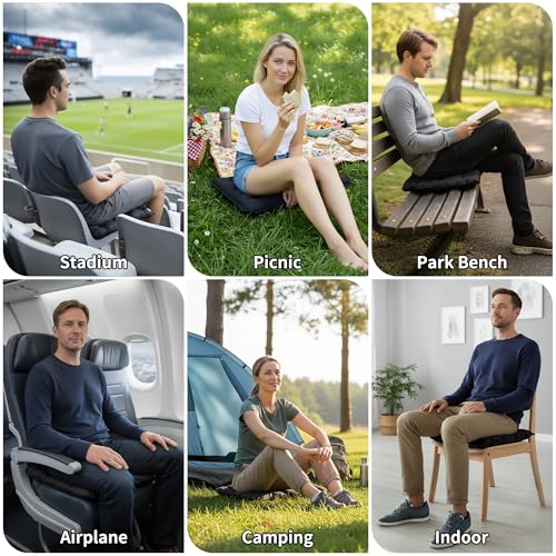 EULANT Inflatable Seat Cushion Lightweight Compact Stadium Seat Pad Camping Travel Air Seat Cushion for Airplane Hiking Bleachers Office Home Sports Events(Black) - color: Black
