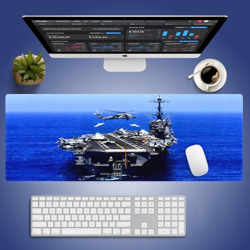 Extra Large Gaming & Office Mouse Pad (31.5" x 11.8") – Aircraft Carrier & Fighter Jet Group & Helicopter, US Navy Premium XXL Desk Mat with Durable Stitched Edges & Anti-Slip Rubber Base - color: Aircraft Carrier Navy Blue Ocean