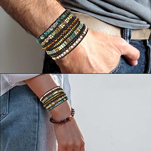 Plumiss Women Boho Handmade Natural Stone Crystal Leather Bead Wrap Bracelets Collection - style: Green Stylish 5W