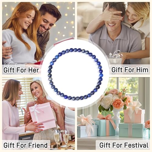 MAIBAOTA Healing Crystal Bracelet for Women Men, 8/4 mm Natural Stone Beaded Bracelets, Jewelry Birthday Gifts, Round Gemstones Stretch Bracelets - color: Blue-Lapis Lazuli, size: 4 mm