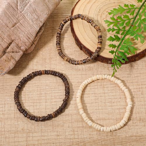 Wooden Beaded Bracelets For Men - Adjustable Stackable Jewelry Set - Brown Mens Beaded Bracelets