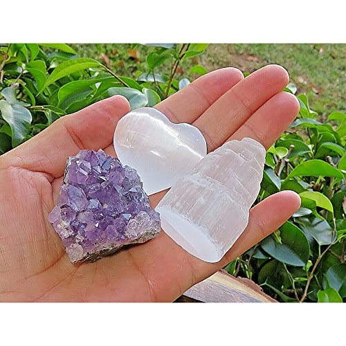 1 Set Meditation set wood boat, Amethyst, Selenite Heart, Selenite Tower Satya WS Inc