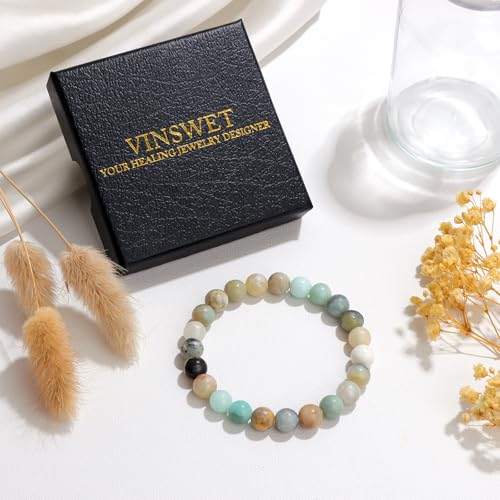 Vinswet 4mm 6mm 8mm Healing Crystal Bracelets for Women Men Natural Stone Beaded Stretch Bracelet Handmade Gemstone Reiki Spiritual Jewelry Gifts - color: Amazonite, size: 8mm