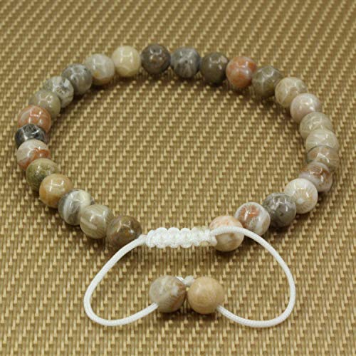 Angelstones Handmade Gemstone 6mm Round Beads Adjustable Braided Macrame Tassels Chakra Reiki Bracelets 7-9 inch Unisex - color: Coral Fossil