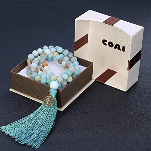 COAI OM Charm Hand Knotted Tassel 108 Mala Beads Necklace - color: Matte Amazonite, size: 6mm