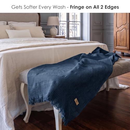 Mira Waffle Throw Blanket with Tassels - 50x66 Inch - 100% Turkish Cotton Tencel Breathable Blend Lightweight Blanket for Couch, Sofa, Bed - color: Denim