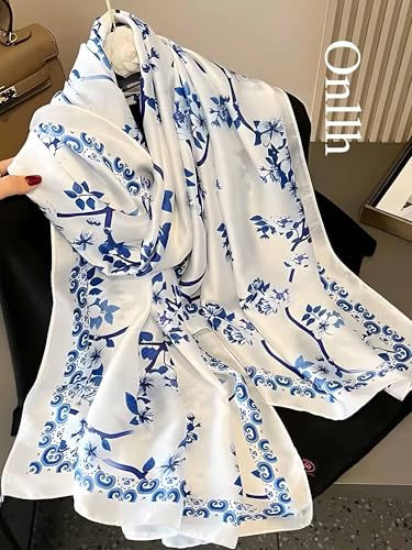 Large Shawl Scarf For Women Lightweight Wraps Silky Headscarf Long Sunscreen Scarfs - color: T8 Blue Plants / 70"x 35"