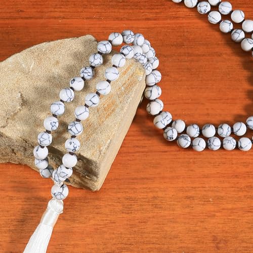 Turquoise Heart Chakra Mala Necklace, Meditation Energized Handmade 108 Buddhist Prayer Beads,Reiki Spiritual Healing Energy Necklace,Unconditional Love Abundance Forgiveness Trust Compassion Child birth,Monther's Day BirthdayGift for Women - color: White