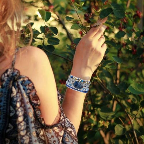 Women Boho Handmade Natural Stone Crystal Leather Bead Wrap Bracelets Collection - style: Blue Labradorite 5W