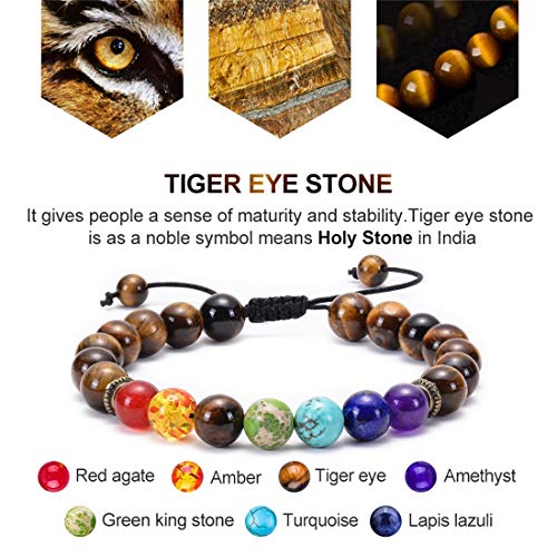 GelConnie Lava Rock Chakra Bracelet 7 Chakra 8mm Natural Stone Healing Bracelet Stress Relief Yoga Beads Anxiety Bracelet Aromatherapy Essential Oil Diffuser Bracelet Bangle - color: B-Tiger Eye Braided