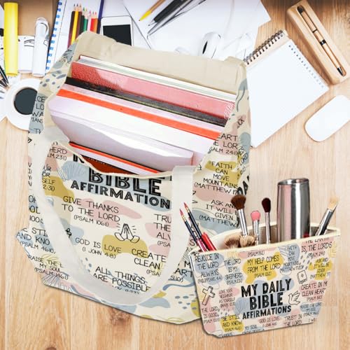 Daily Affirmations for Women Faith Christian Gifts,2PCS Cosmetic Bag Canvas Tote Bag Beach Bags with Pocket Makeup Bags,Scripture Bible Verse Mental Health Gifts for Female Friend Birthday Christmas - color: Bible Affirmations 0938