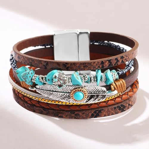 Fesciory Leopard Bracelet for Women, Boho Leather Wrap Multi-Layer Pearl Crystal Bracelet Bangle Jewelry - style: Feather(Brown)