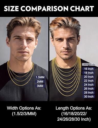 Bandmax Solid 1.5mm/2mm/3mm/6mm Rope Chains for Men Women 14K Gold Plated/Black Plated Stainless Steel Twist Chain 16-30 Inches, with Gift Box - color: 08 3MM Gold Plated