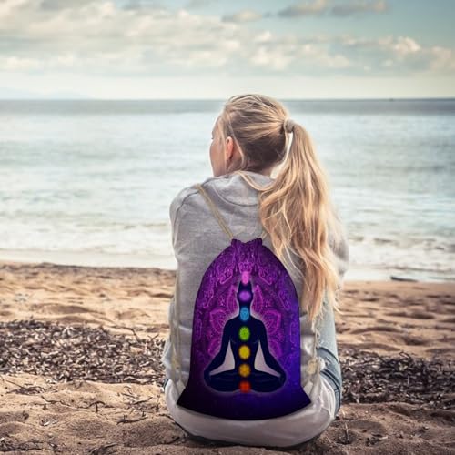 Seven Chakra Yoga Meditation Lotus Purple Mandala Portable Canvas Drawstring Backpack with Drawstring Pockets 30x40cm - color: Seven Chakra Yoga Meditation Lotus Purple Man, size: 30x40cm