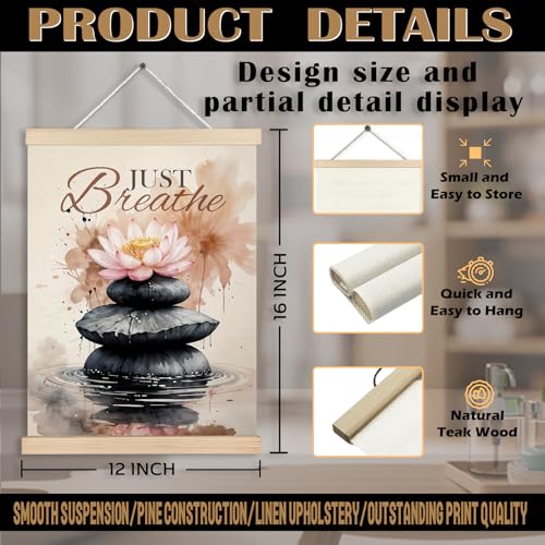 FITIE Just Breathe Zen Lotus Flower Canvas Wall Art Poster Hanger Frames, Motivational Zen Spiritual Wall Decor Prints for Bedroom Meditation Yoga Spa Room Calming Corner, 12x16 Inch