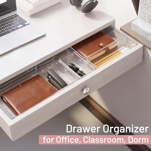 8 Pack Large Clear Plastic Drawer Organizer Bins - Acrylic Bathroom Drawer Organizer Trays - Heavy Duty Kitchen Drawer Dividers for Utensils - Non-Slip Storage Bins for Makeup, Bedroom, Office Desk - size: 8 Pack