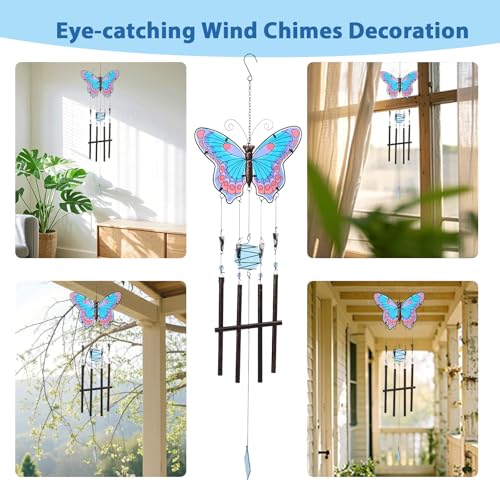 Butterfly Wind Chimes for Outside, Stained Glass Wind Chime Windchimes for Patio, Outdoor,Garden,Yard,Coastal,Window,Home Decor or Gifts for Women(Blue & Red)