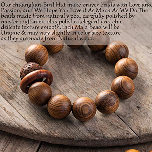 chuanglian-Bird Hut Handmade Unisex 12 Beads Natural Bubinga Wood Prayer Beads Link Wrist Meditation Star Ring Circumstellar Decompression Bracelet Rosary Mala Necklace Chain for Men Women