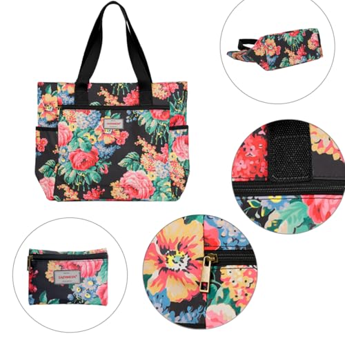 GAENMESN Women's Lightweight Waterproof Tote Bag Durable Designer Handbag with Zipper Travel Commute Everyday Use - color: Black Flower