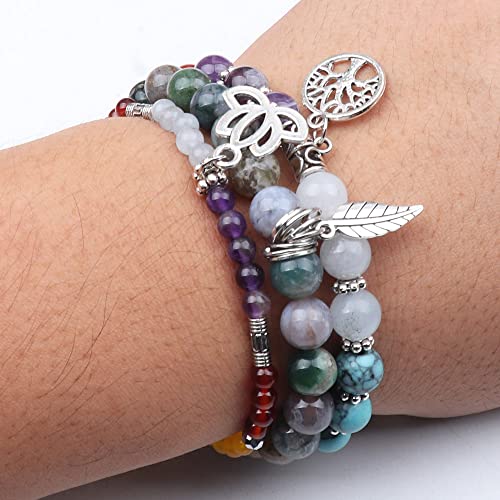 Tree of Life Yoga Healing Stone Bracelets,Multilayer Lotus Chakra Stone Reiki Bracelet Sets,Anxiety Crystal Natural Stone,for Women Stress Relief - style: Chakra+Indian agate