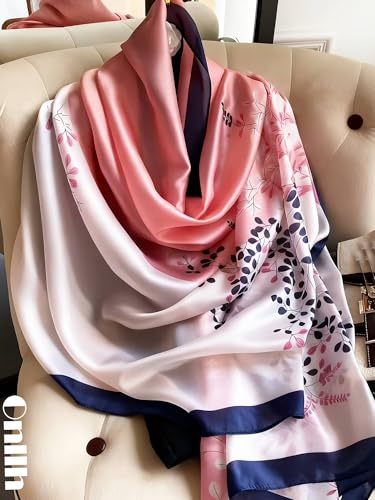 Large Shawl Scarf For Women Lightweight Wraps Silky Headscarf Long Sunscreen Scarfs - color: T24 Pink White Blue / 70"x 35"