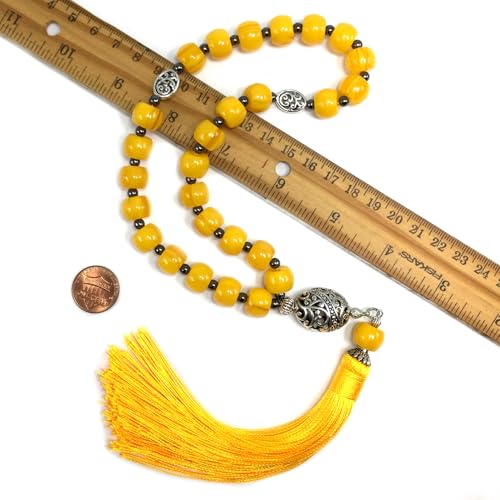 Mala Prayer Beads - Mala Necklace - Tibetan Mala Prayer Beads Meditation Beads Yoga Necklace - color: (POCKET MALA)-Yellow Resin Drum -13X9 mm- 27 Beads
