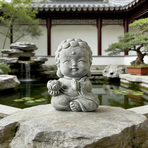 Stone Buddha Monk Statue, Mini Zen Garden Figurine for Desk Tabletop Decor, Small Meditating Sculpture for Landscape Rockery, Aquarium Ornament, Patio Yard Lawn Decorative Gift(Lotus)