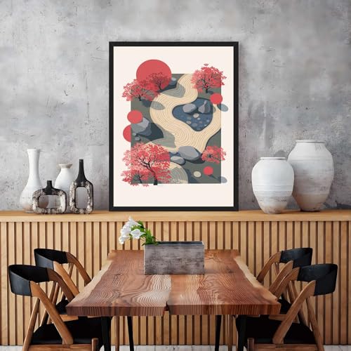 Framed Japanese Zen Garden Poster Canvas Print Art Modern Minimalist Aesthetic Wall Art Painting Pictures Wall Decor, Elegant Home Decoration for Living Room Bedroom Office (black frame,12" LX16 W)