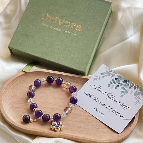 Birth Flower Crystal Bracelets for Women, Handmade Natural Gemstone Stretch Jewelry with Healing & Positive Energy - color: Feb. Violet & Amethyst(2)