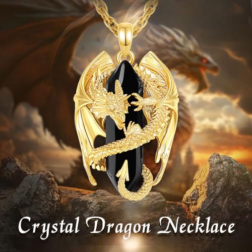 INFUSEU Unique Dragon Necklaces with Healing Crystal Stone for Men Women, Personalized Spiritual Gifts, 24 Inch Chain - color: Gold-Obsidian
