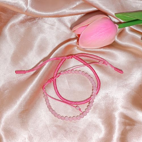 Natural Stone Healing Bracelet Tibetan Braided Style with Adjustable Rope String & Protective Energy Jewelry Gift for Womens & Men - color: Rose Quartz - Pink