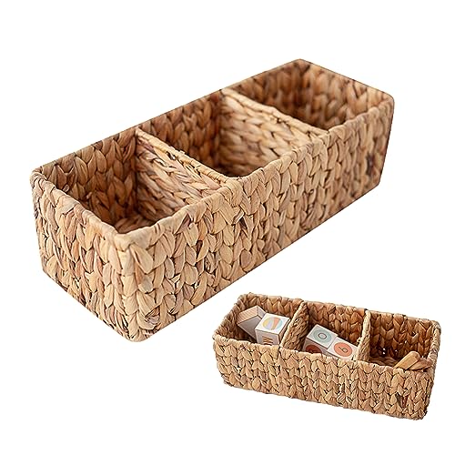 3-Section Wicker Baskets Storage Bin, Water Hyacinth Storage Basket, Handwoven Desk Organizer, Toilet Paper Container, Rectangle Holder for Counter Top Toilet