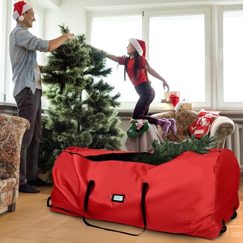 Holiday Cheer Christmas Tree Storage Bag with Wheels – Heavy Duty Christmas Tree Bag Fits Up to 7.5ft Tall Artificial Christmas Tree, Waterproof, Durable Handles & Zipper – Xmas Tree Storage Bag (Red)