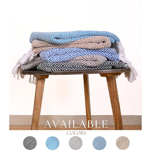 RAJRANG Throw Blanket Cotton with Tassel - 50x60 Inches Soft 100% Cotton Boho Decorative Farmhouse Throw for Bed Sofa Chairs and Couch Caribbean Sea Blue