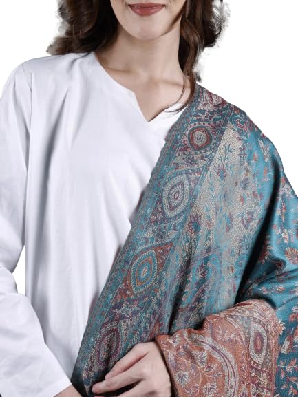 Exotic India Reversible Jamawar Shawl with Woven Paisleys - Wool - color: Duck Blue
