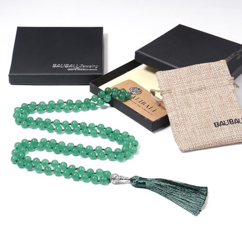108 Mala Beads Necklace Semi-Precious Gem Stones Meditation Necklace 108 Hand Knotted Japa Mala Beaded Tassel Necklace with Tree of Life Pendant - color: Green Aventurine