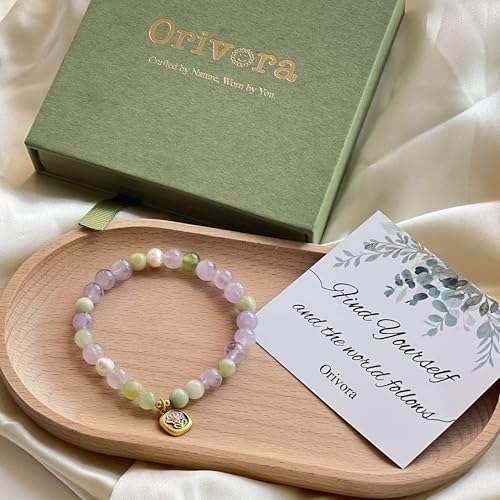 Birth Flower Crystal Bracelets for Women, Handmade Natural Gemstone Stretch Jewelry with Healing & Positive Energy - color: Sept. Aster & Amethyst